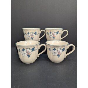 Epoch Lilies Floral Pleated Blue Rim 8 Oz Coffee/Tea Cup Set of 4